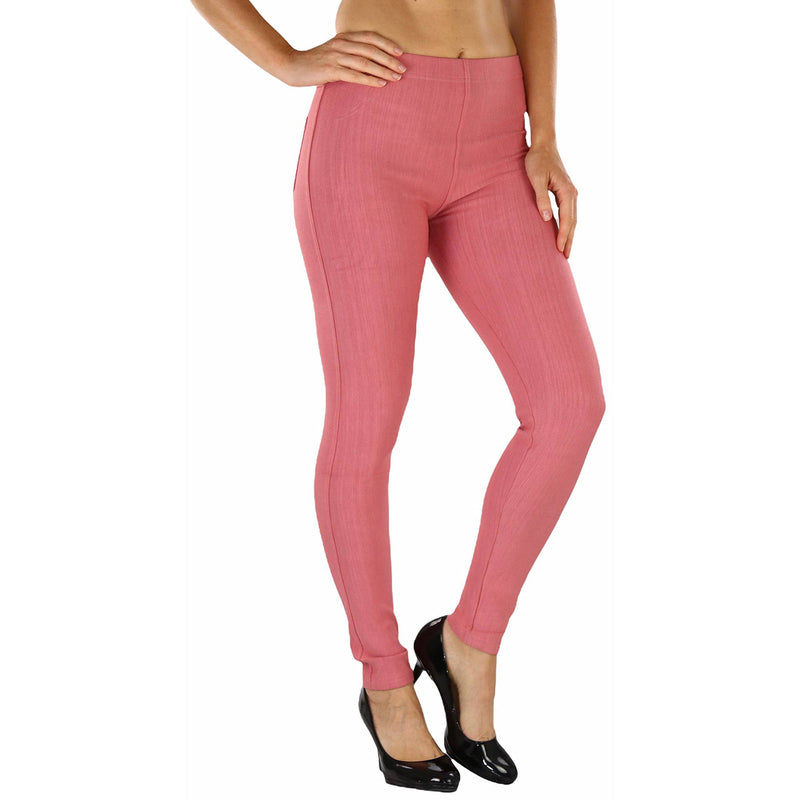 Woman with hands on her side shown below her hips wearing Easy Pull-On Denim Skinny Fit Comfort Stretch Jeggings in rose