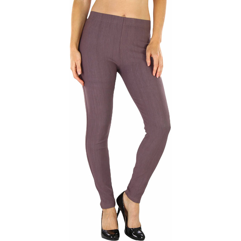 Woman with hands on her side shown below her hips wearing Easy Pull-On Denim Skinny Fit Comfort Stretch Jeggings in gray