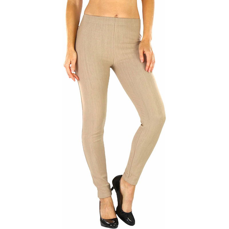 Woman with hands on her side shown below her hips wearing Easy Pull-On Denim Skinny Fit Comfort Stretch Jeggings in taupe