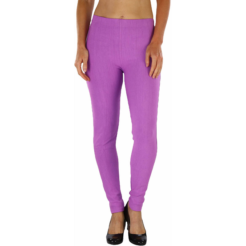 Woman with hands on her side shown below her hips wearing Easy Pull-On Denim Skinny Fit Comfort Stretch Jeggings in violet