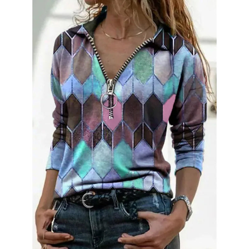 Women's Everyday V Neck Printed Long Sleeves Women's Tops Blue S - DailySale