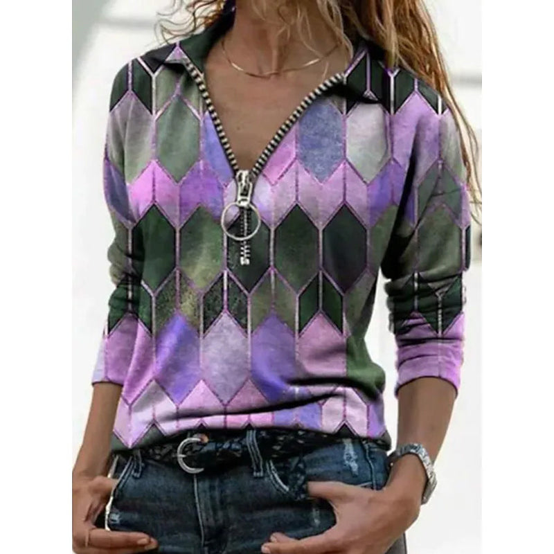 Women's Everyday V Neck Printed Long Sleeves Women's Tops Purple S - DailySale