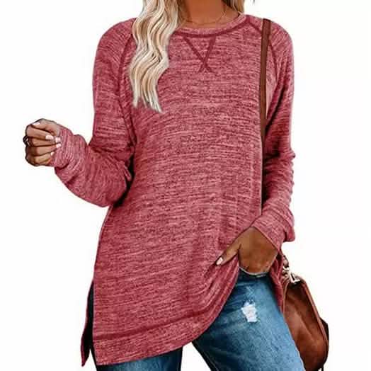 Women's Fall Long Sleeve Side Split Loose Casual Pullover Tunic Tops Women's Clothing Red S - DailySale