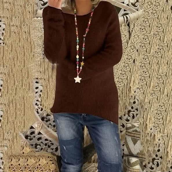 Women's Fashion Autumn and Winter Long Sleeve Knitted Sweaters Solid Color Warm Pullover Tops Women's Tops Brown S - DailySale