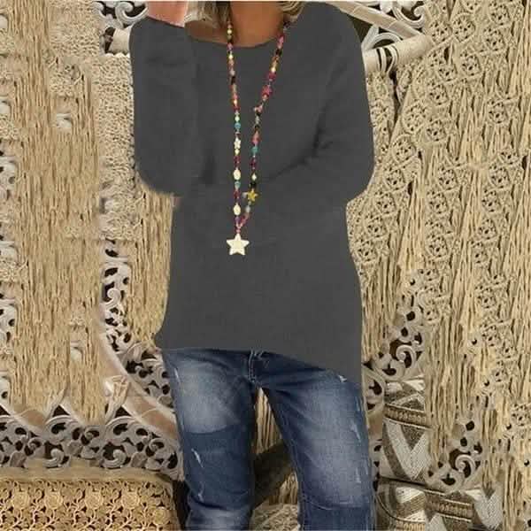 Women's Fashion Autumn and Winter Long Sleeve Knitted Sweaters Solid Color Warm Pullover Tops Women's Tops Dark Gray S - DailySale