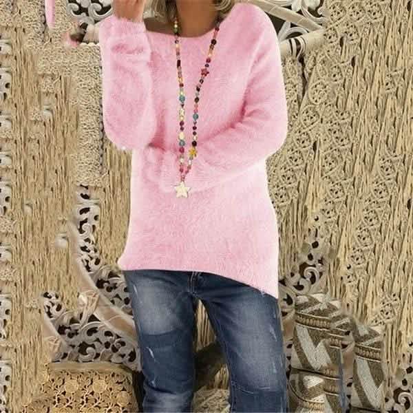 Women's Fashion Autumn and Winter Long Sleeve Knitted Sweaters Solid Color Warm Pullover Tops Women's Tops Rose Pink S - DailySale