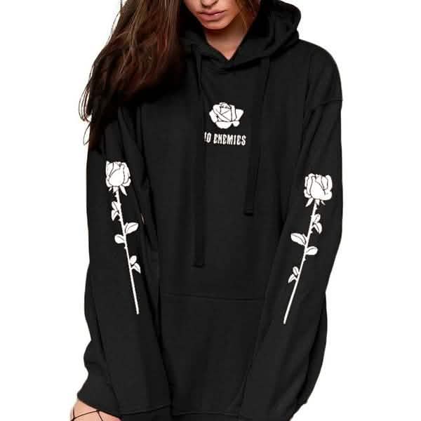 Women’s Fashion Casual Tops Rose Print Warm Hoodies Women's Outerwear Black S - DailySale