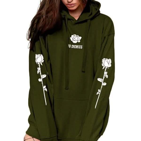 Women’s Fashion Casual Tops Rose Print Warm Hoodies Women's Outerwear Green S - DailySale