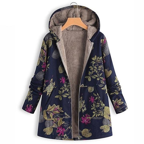 Women's Fashion Leaves Floral Print Fluffy Fur Hooded Long Sleeve Vintage Casual Coat Women's Outerwear Navy S - DailySale