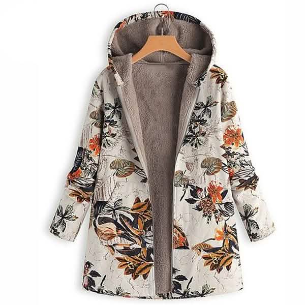 Women's Fashion Leaves Floral Print Fluffy Fur Hooded Long Sleeve Vintage Casual Coat Women's Outerwear Orange S - DailySale