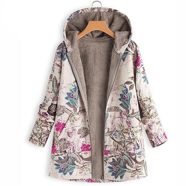 Women's Fashion Leaves Floral Print Fluffy Fur Hooded Long Sleeve Vintage Casual Coat Women's Outerwear White S - DailySale