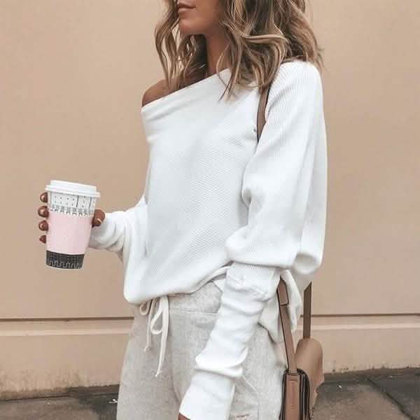 Women's Fashion Off Shoulder Long Sleeve Sweater Casual Long Sleeved Sweatshirt Top Women's Tops - DailySale
