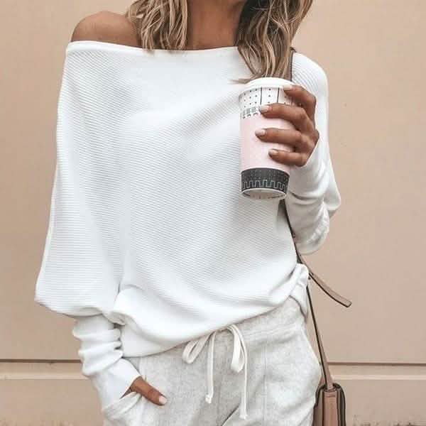Women's Fashion Off Shoulder Long Sleeve Sweater Casual Long Sleeved Sweatshirt Top Women's Tops White S - DailySale