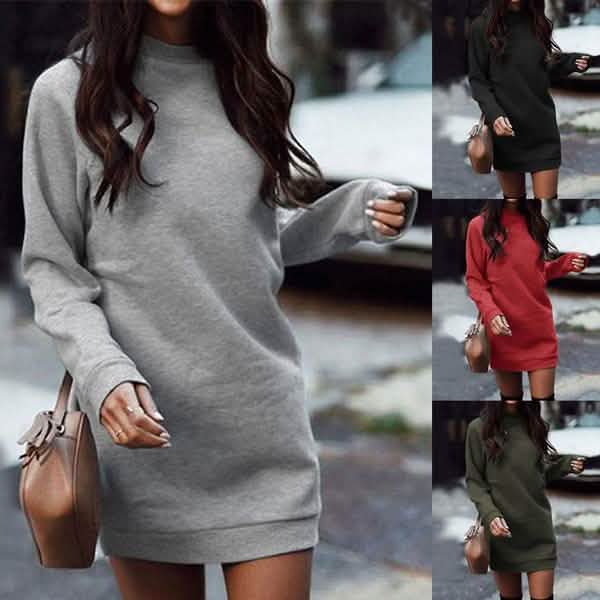 Women’s Fashion Solid Color Round Neck Cotton Pullover Dress Women's Dresses - DailySale