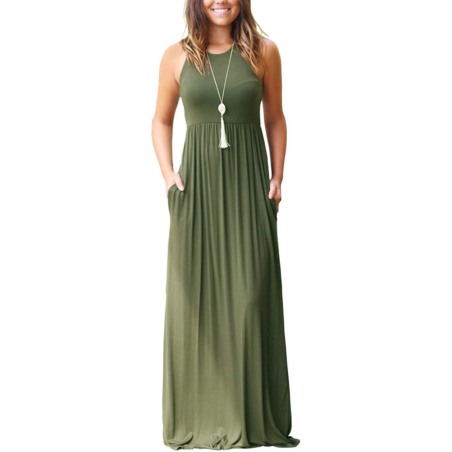 Women's Fashion Summer Sleeveless Racerback Loose Plain Maxi Dresses Women's Dresses Army Green S - DailySale