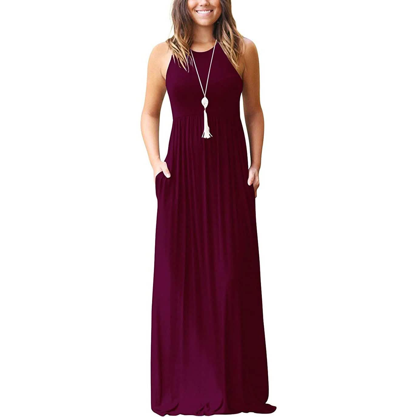 Women's Fashion Summer Sleeveless Racerback Loose Plain Maxi Dresses Women's Dresses Wine Red S - DailySale