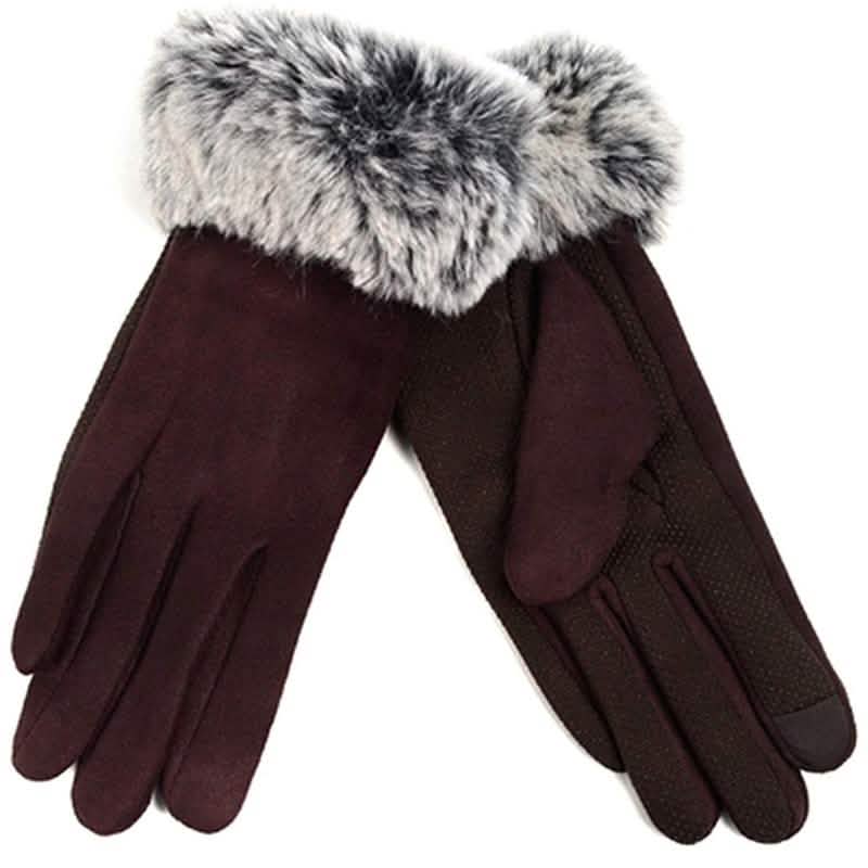 Women's Faux-Fur Cuff Touch-Screen Gloves with Non-Slip Grip Women's Apparel Brown - DailySale