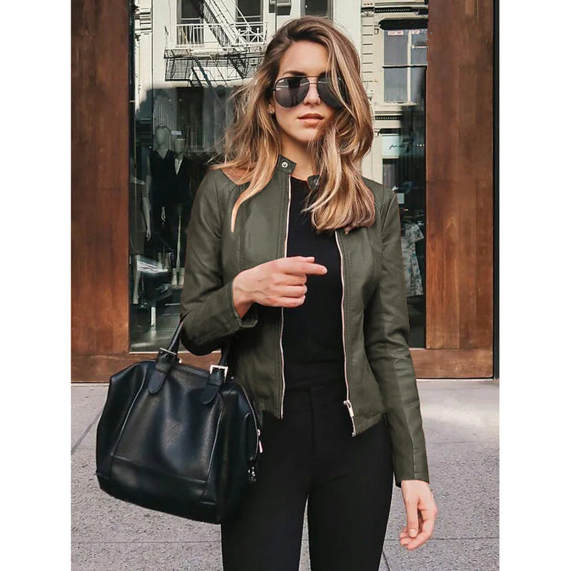 Women's Faux Leather Jacket Women's Outerwear Army Green S - DailySale