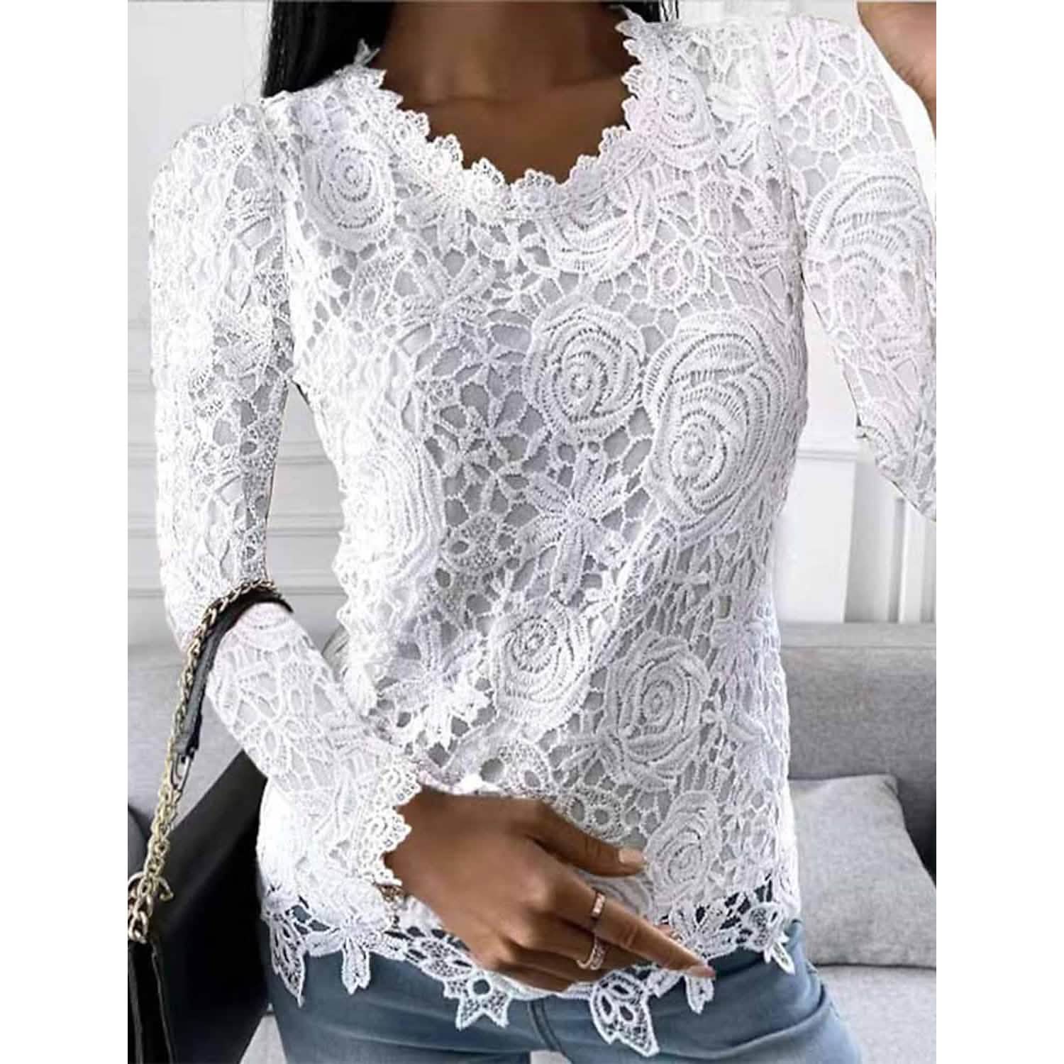 Women's Floral Lace Long Sleeve Blouse Shirt Women's Tops White S - DailySale