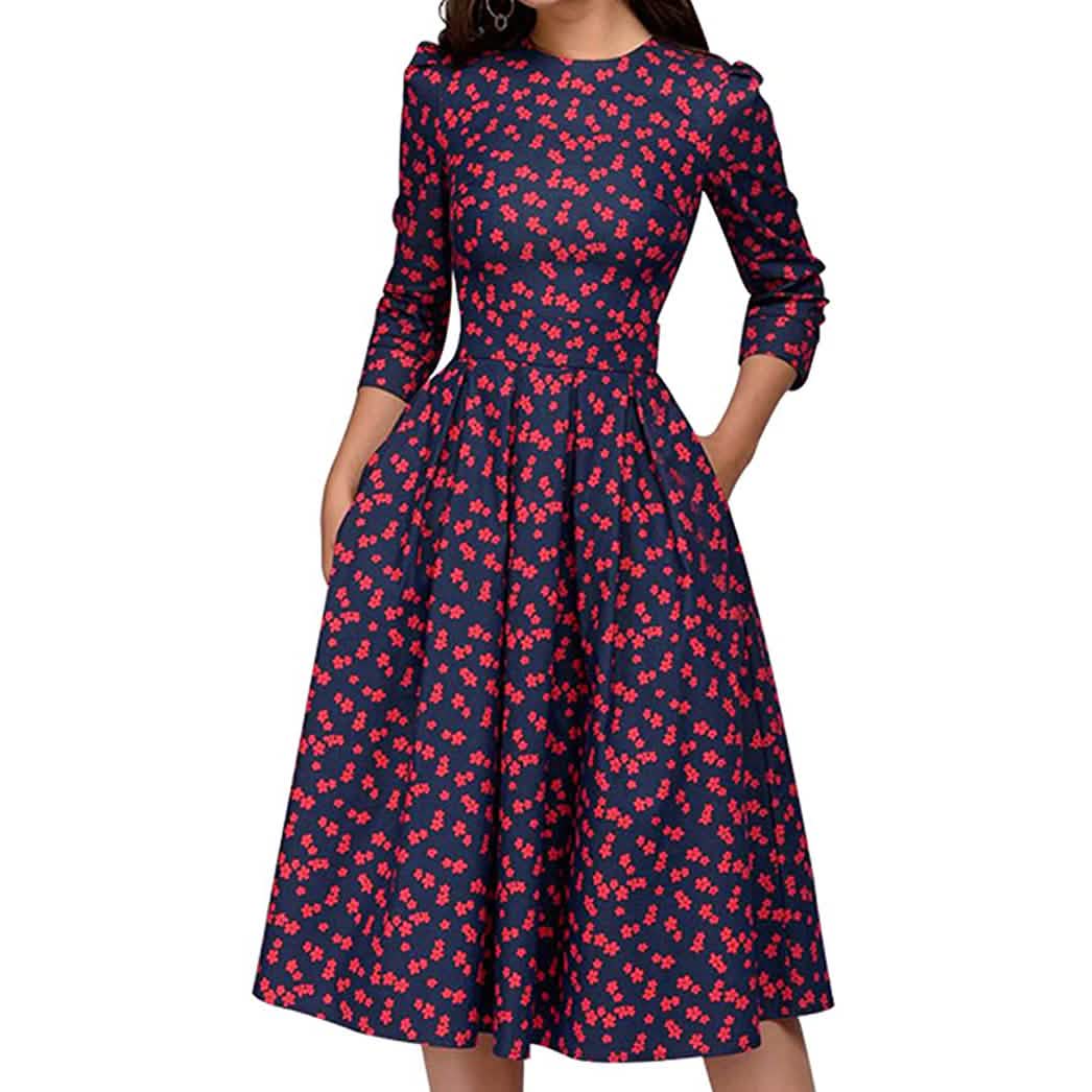 Women's Floral Vintage Dress Women's Dresses Red S - DailySale