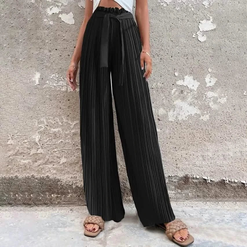 Women's High-Waisted Straight-Leg Strappy Pants Women's Bottoms Black S - DailySale