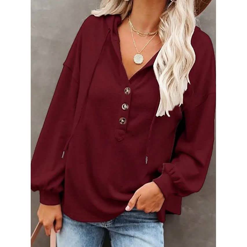 Women's Hoodie Sweatshirt Solid Color Women's Tops Wine Red S - DailySale