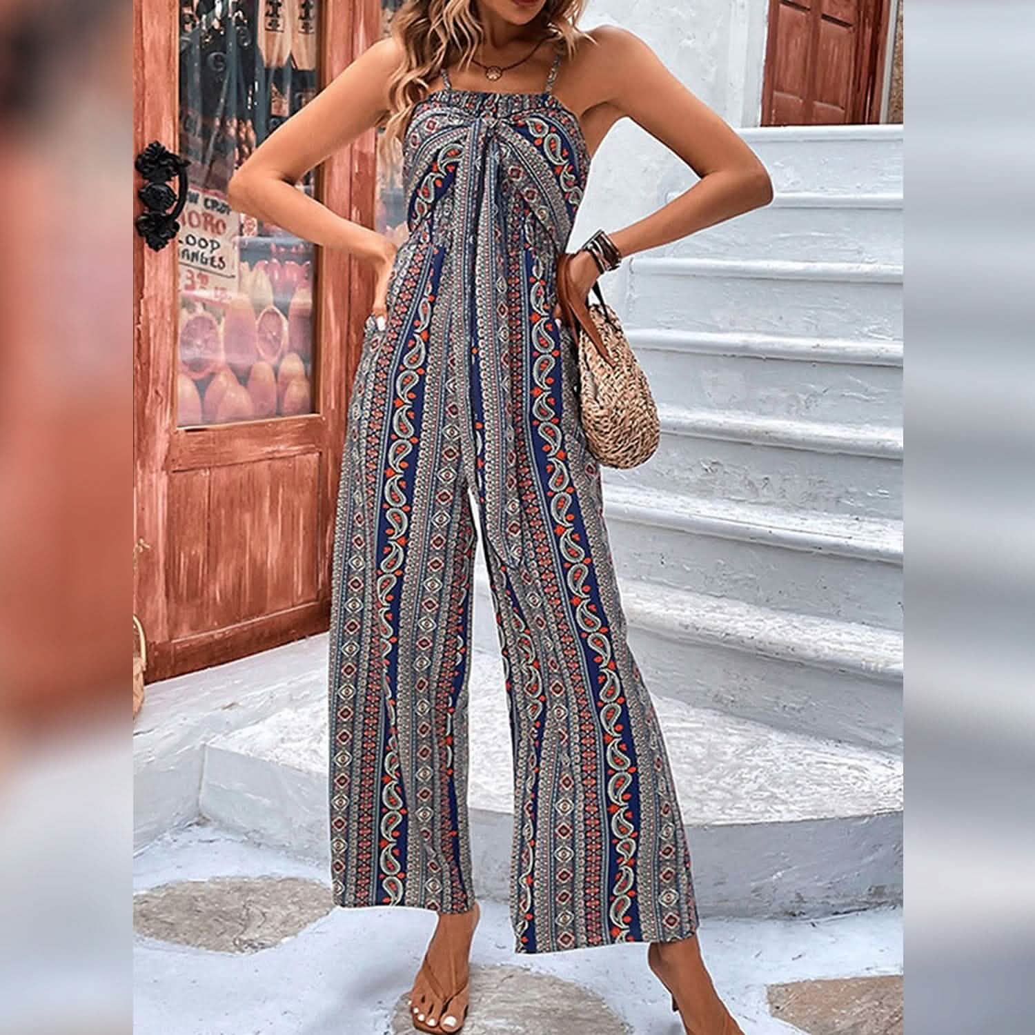 Women's Jumpsuit Pocket Print Geometric Square Women's Loungewear - DailySale