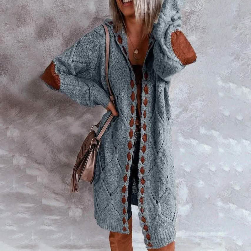 Women's Knitted Color Block Hooded Cardigan Sweater Women's Outerwear Blue S - DailySale