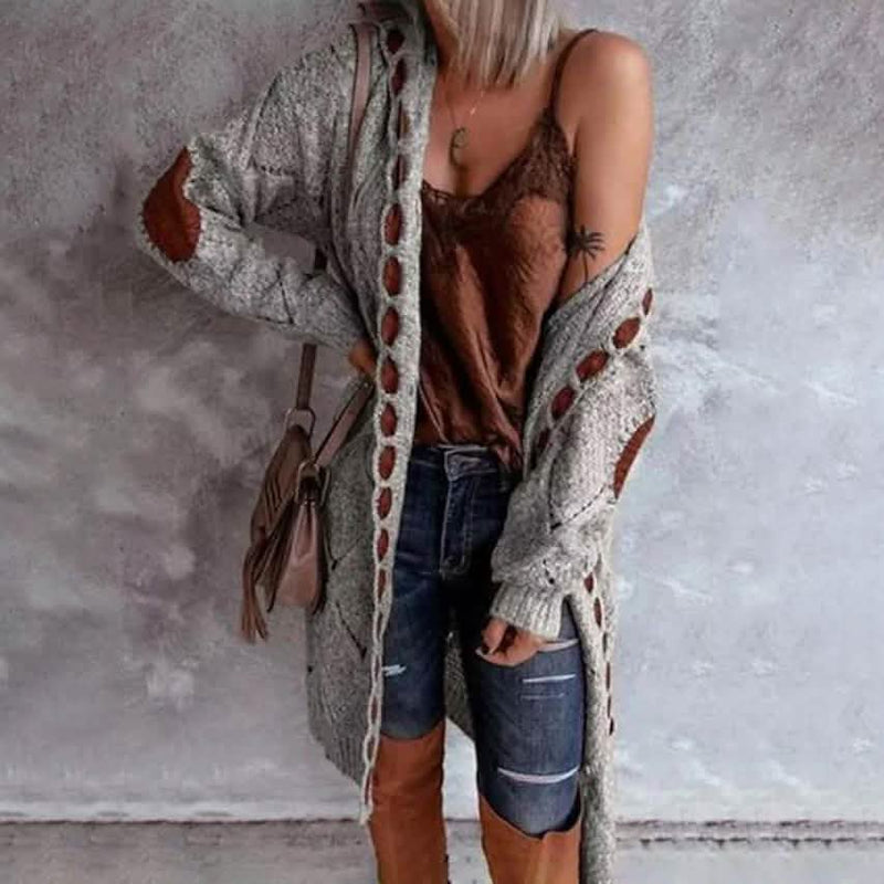 Women's Knitted Color Block Hooded Cardigan Sweater Women's Outerwear Gray S - DailySale