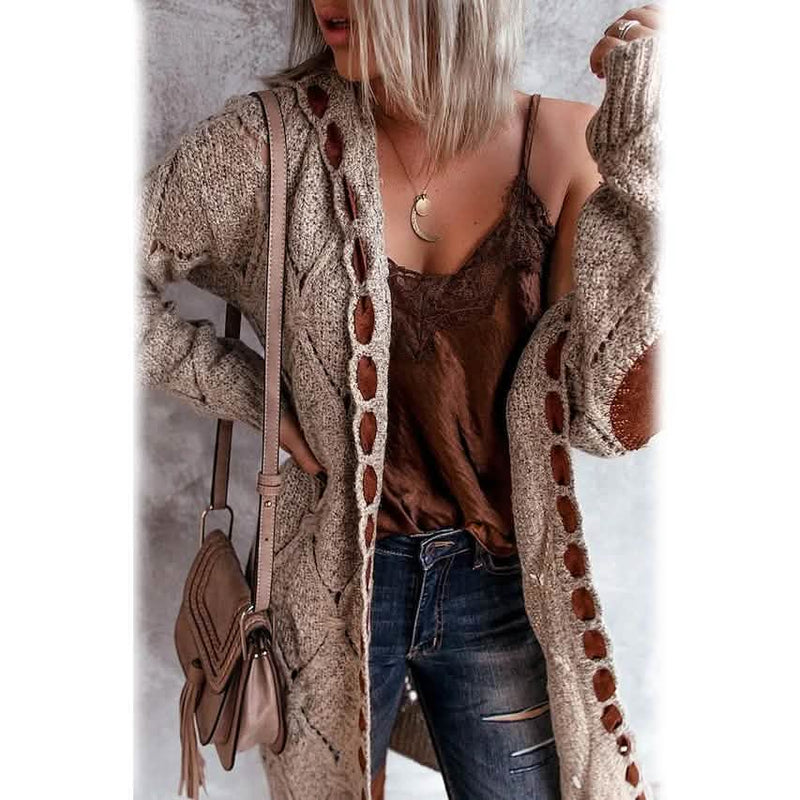 Women's Knitted Color Block Hooded Cardigan Sweater Women's Outerwear Khaki S - DailySale