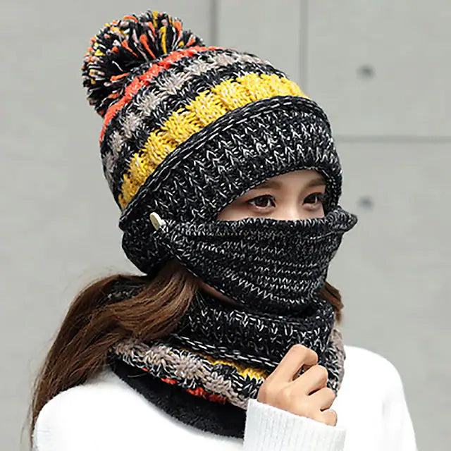 Women's Knitted Hat Scarf Mask Set Women's Shoes & Accessories Black - DailySale
