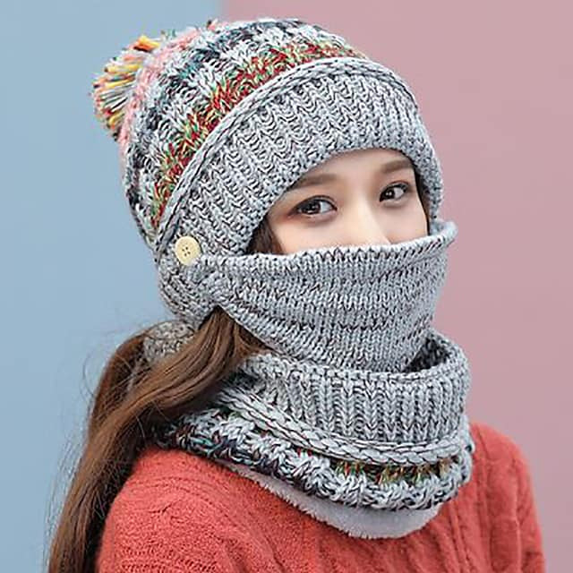 Women's Knitted Hat Scarf Mask Set Women's Shoes & Accessories Gray - DailySale