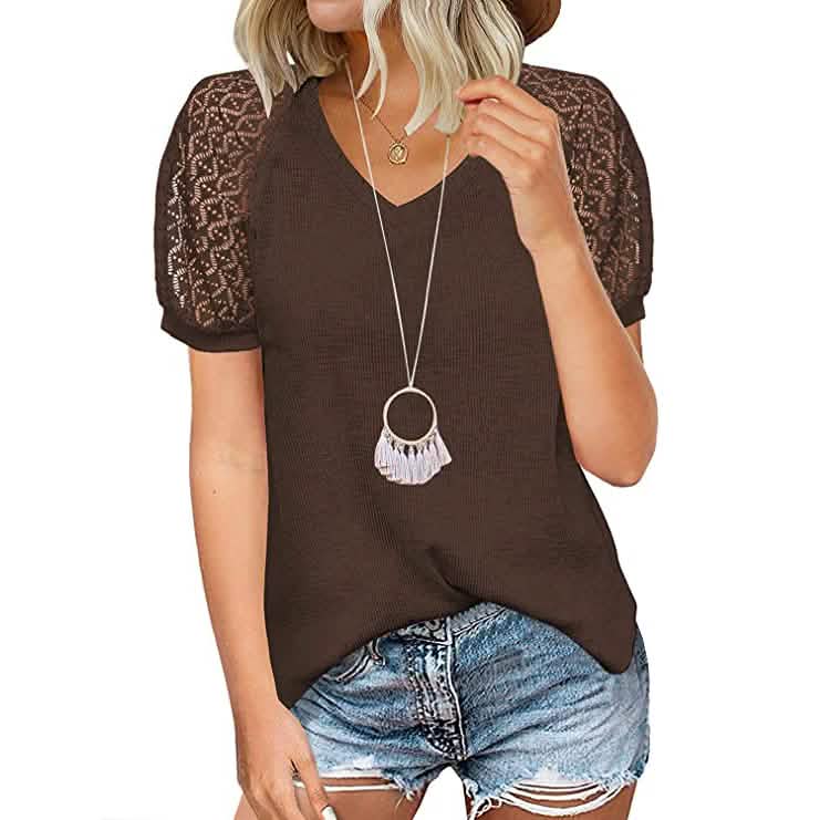 Women's Lace Short Sleeve V-Neck Top Women's Tops Coffee S - DailySale