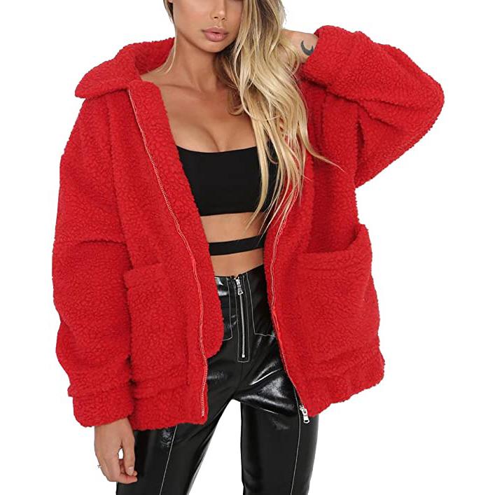 Women's Lapel Zip Up Faux Shearling Shaggy Coat Jacket Women's Outerwear Red S - DailySale