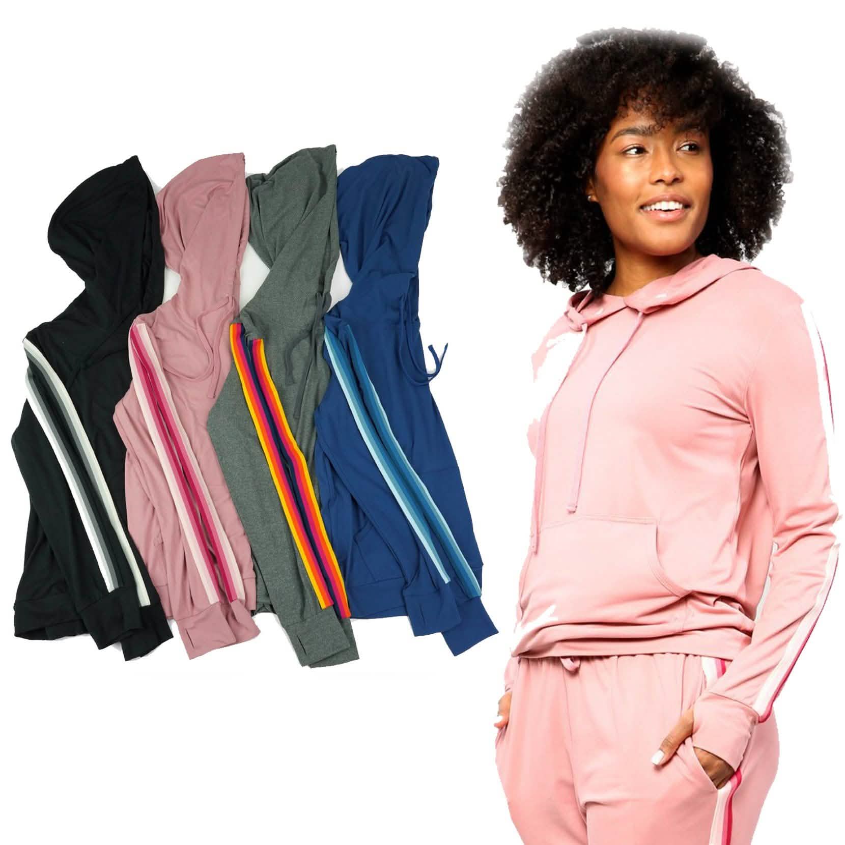 Women's Lightweight Accent Stripes Sweat Shirt Varsity Hoodie Women's Outerwear - DailySale