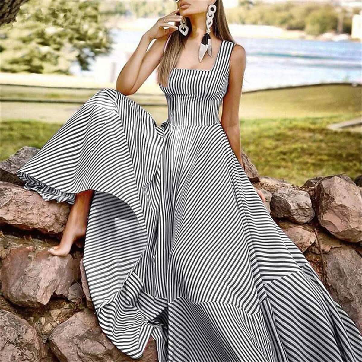 Women's Long A Line Striped Maxi Dress Women's Dresses Black S - DailySale