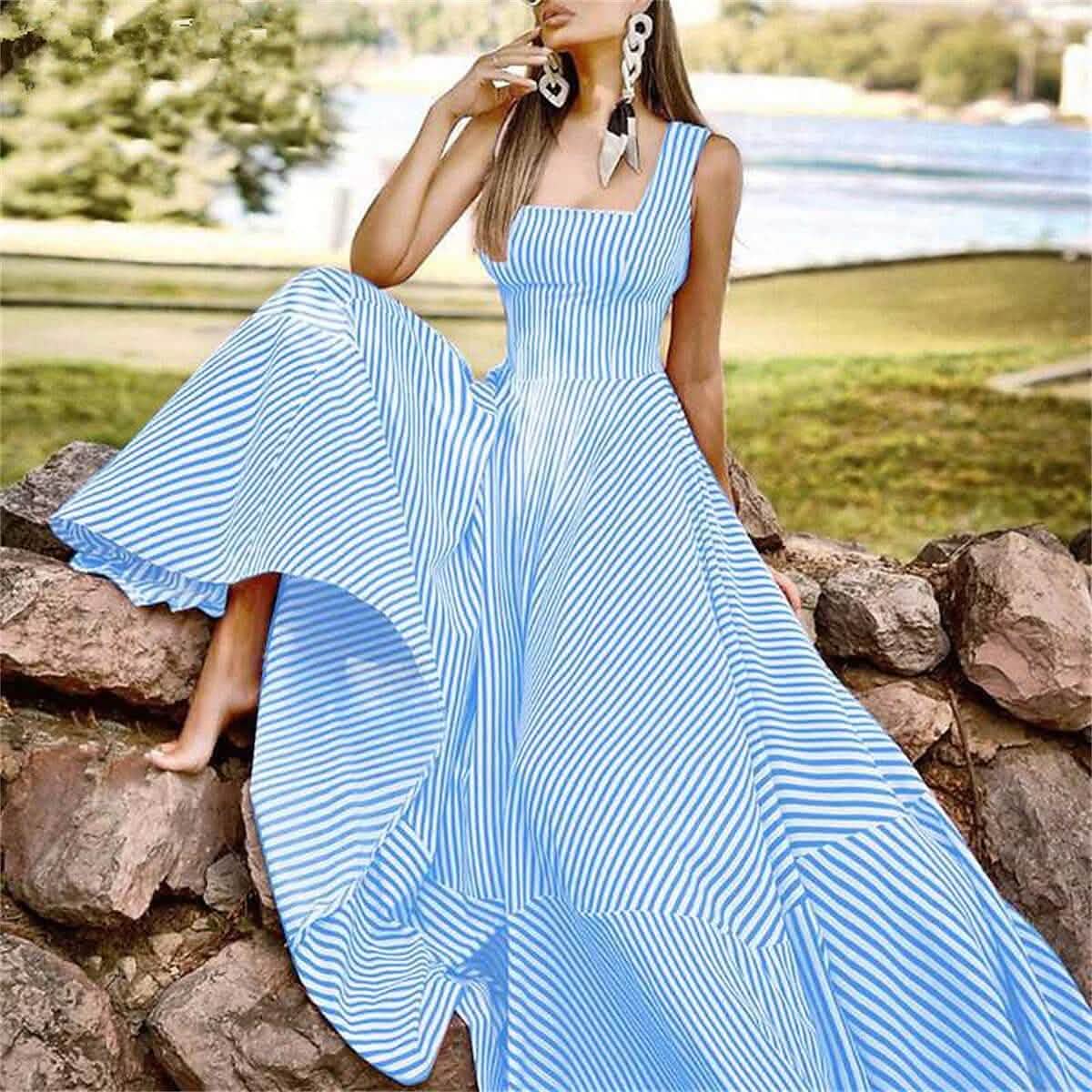 Women's Long A Line Striped Maxi Dress Women's Dresses Blue S - DailySale