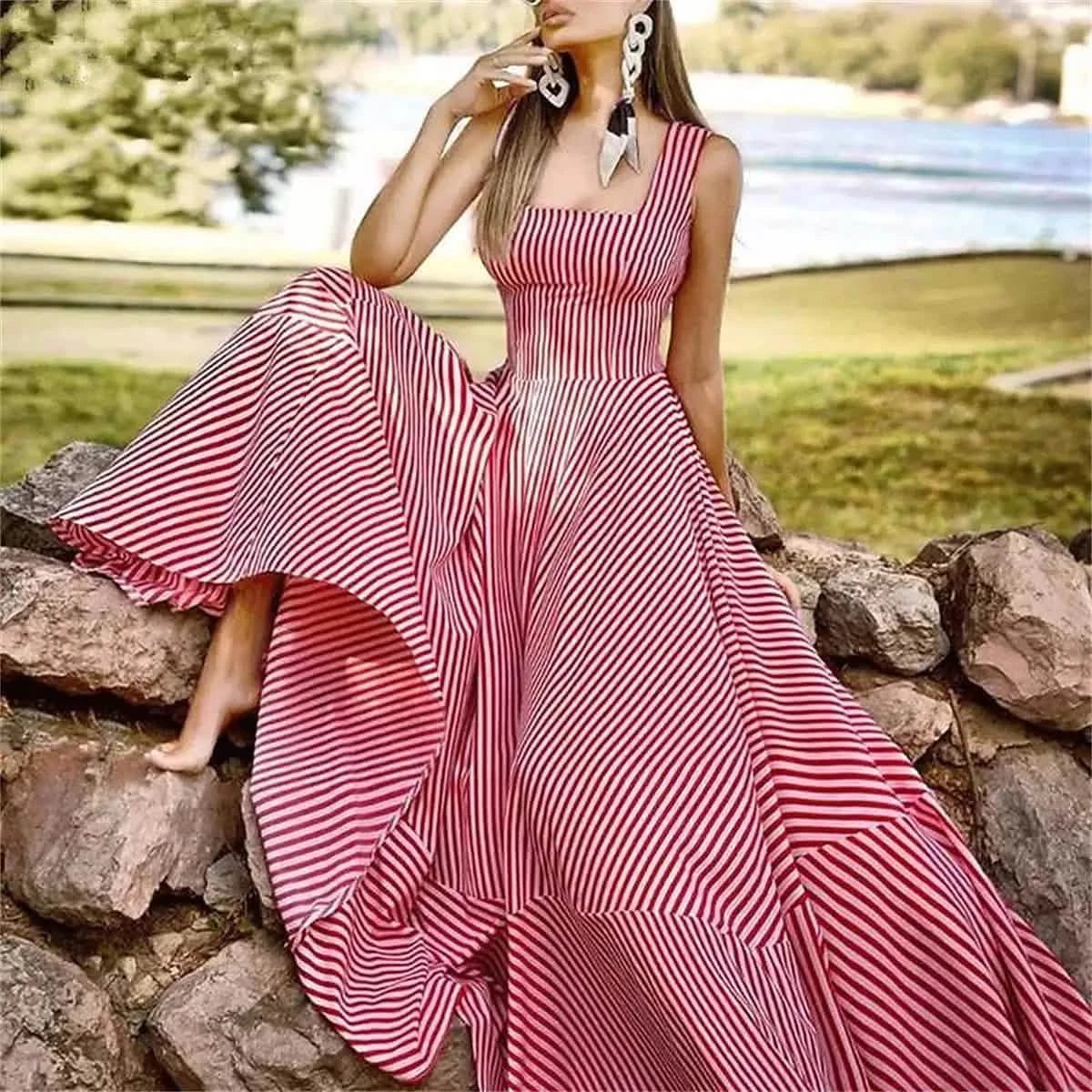 Women's Long A Line Striped Maxi Dress Women's Dresses Red S - DailySale