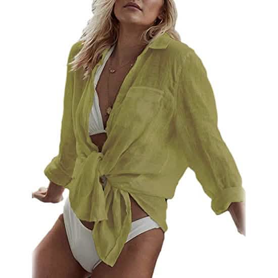 Women's Long Sleeve Beach Shirt Blouse Women's Tops Yellow - DailySale