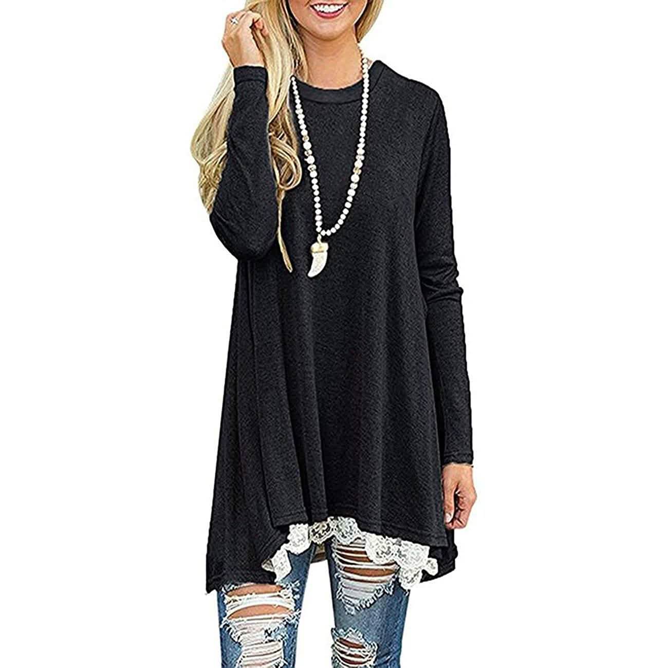Women's Long Sleeve Lace Panel Top Women's Tops Black S - DailySale