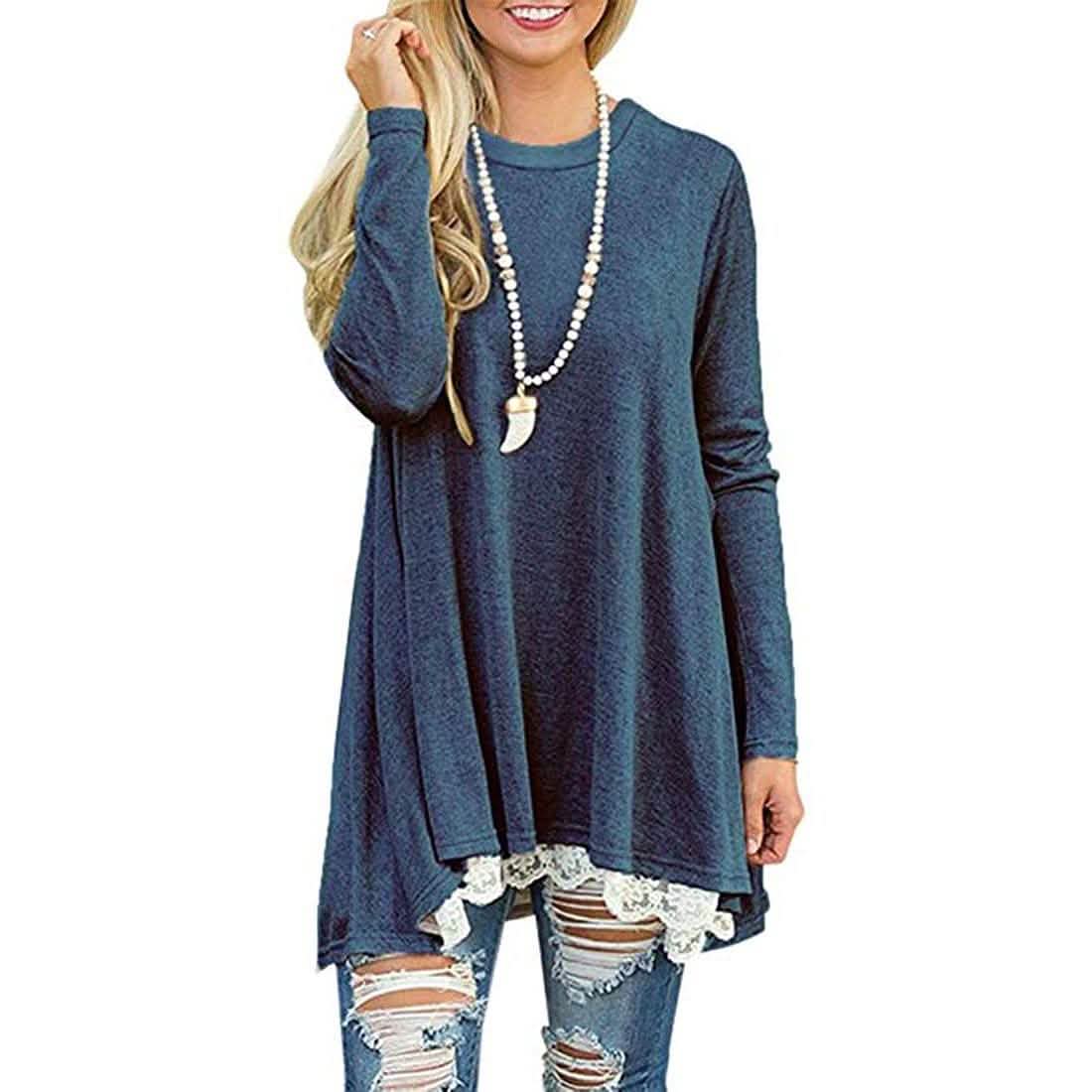 Women's Long Sleeve Lace Panel Top Women's Tops Blue S - DailySale