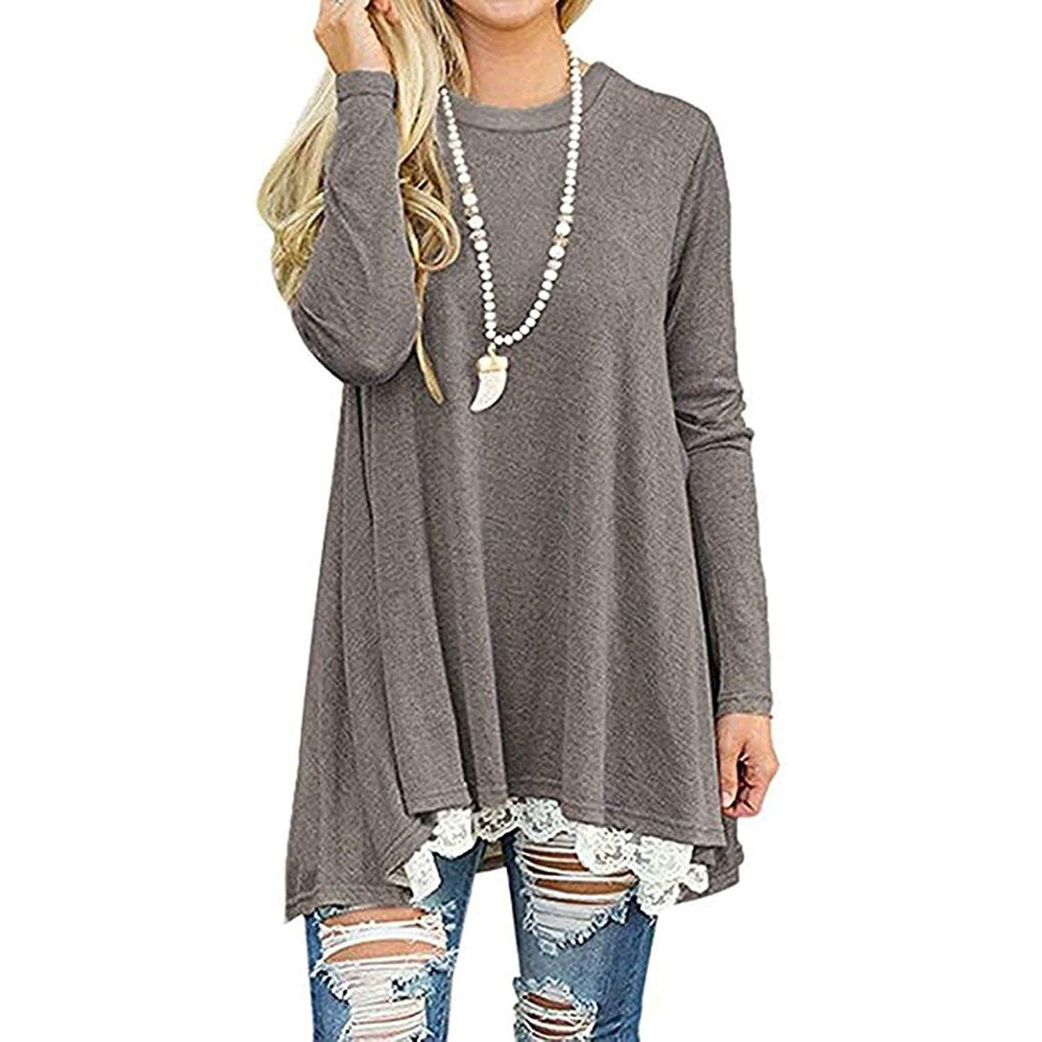 Women's Long Sleeve Lace Panel Top Women's Tops Gray S - DailySale