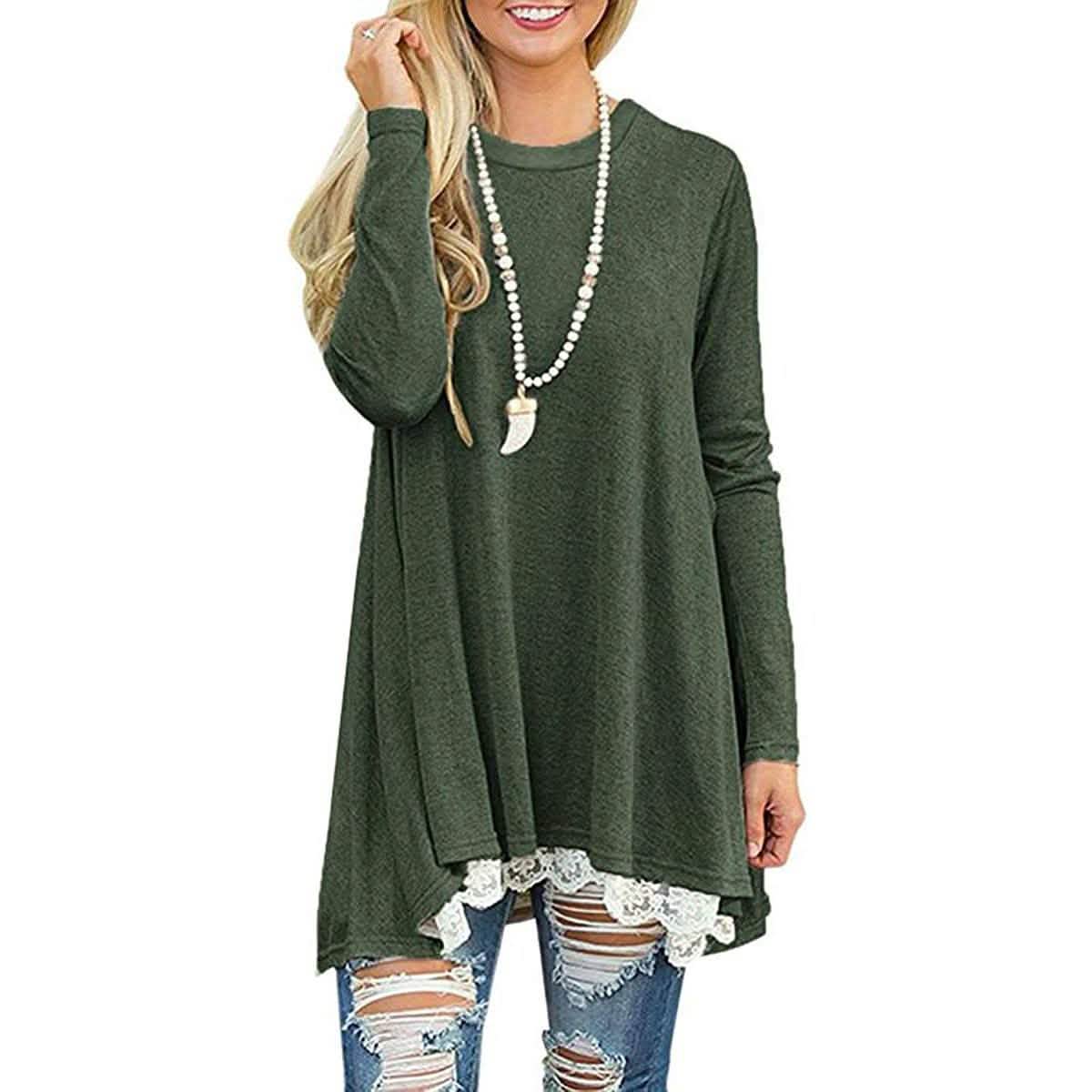 Women's Long Sleeve Lace Panel Top Women's Tops Green S - DailySale
