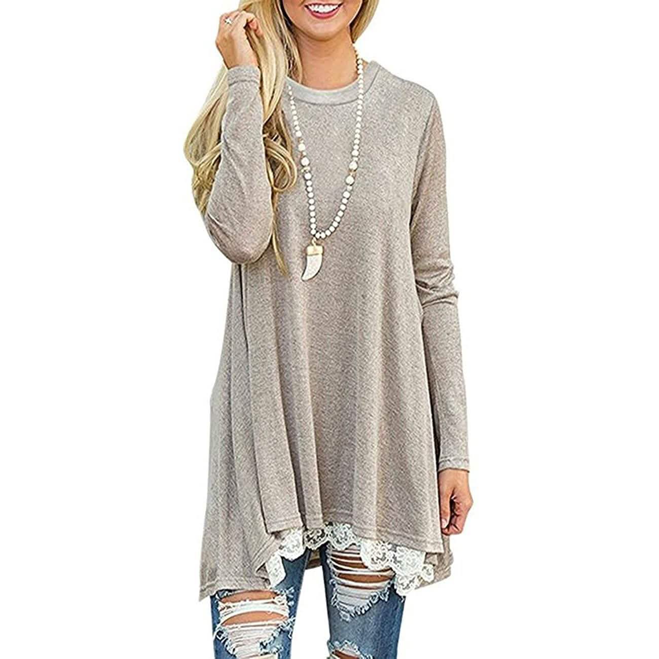 Women's Long Sleeve Lace Panel Top Women's Tops Khaki S - DailySale
