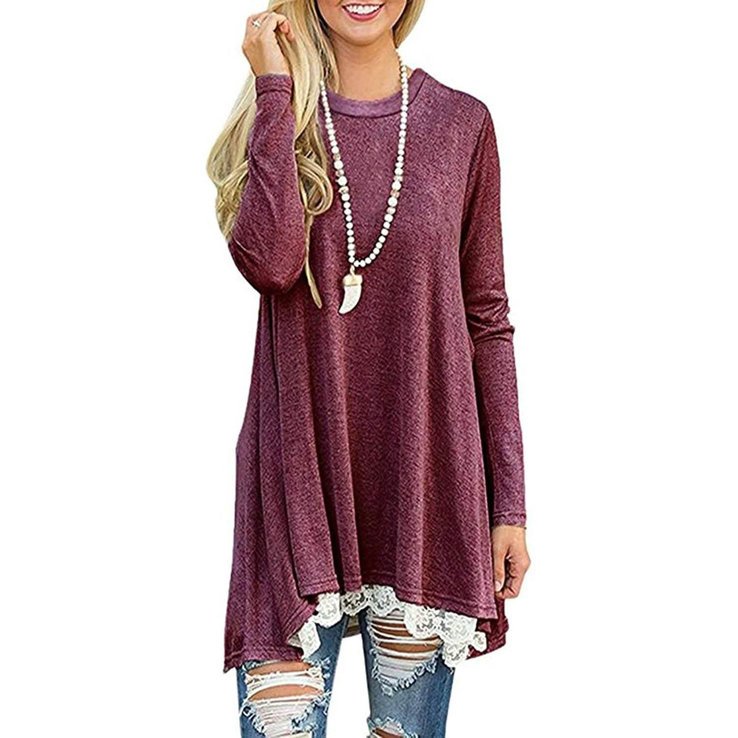 Women's Long Sleeve Lace Panel Top Women's Tops Wine Red S - DailySale