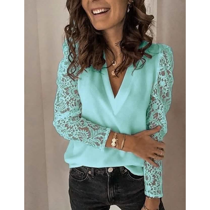 Women's Long Sleeve Lace Patchwork V Neck Top Women's Tops Blue S - DailySale