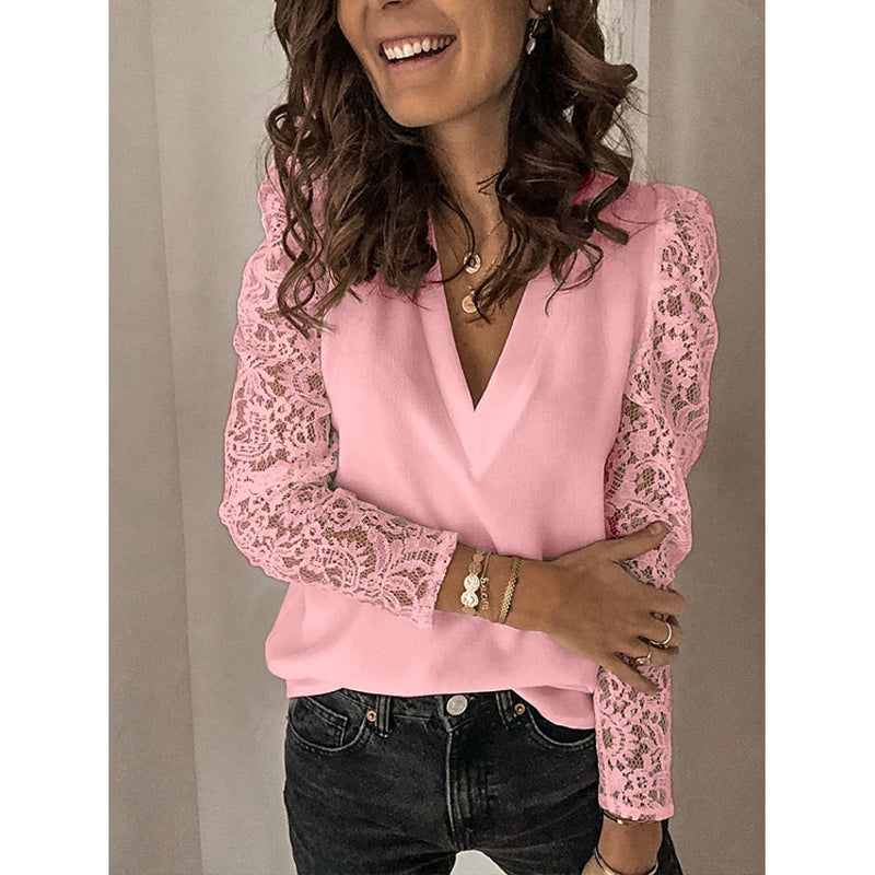 Women's Long Sleeve Lace Patchwork V Neck Top Women's Tops Pink S - DailySale