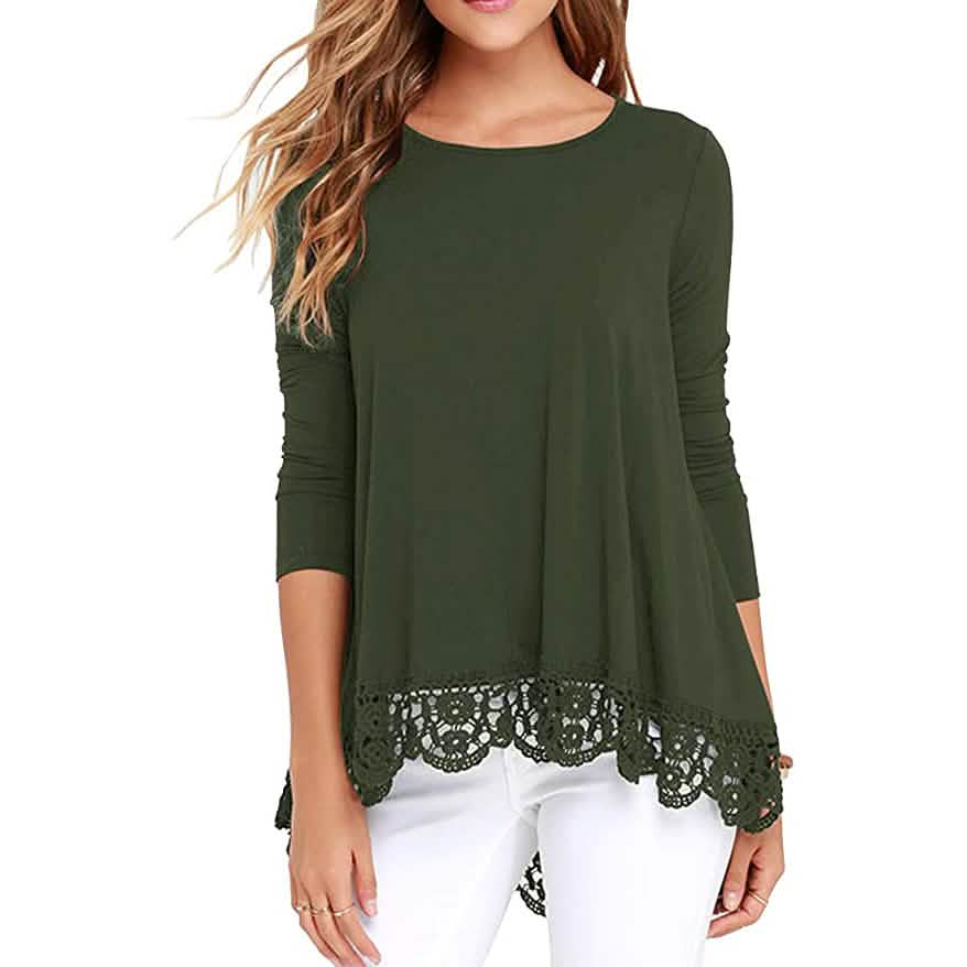 Women's Long Sleeve Lace Trim Blouse Women's Tops Army Green S - DailySale