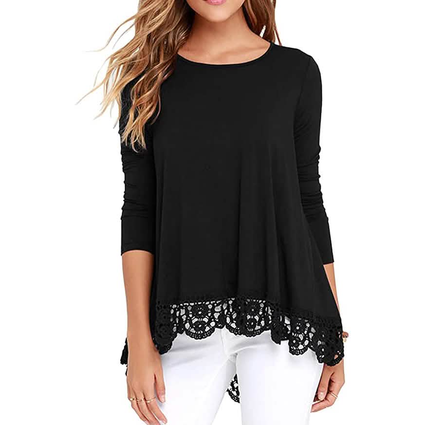 Women's Long Sleeve Lace Trim Blouse Women's Tops Black S - DailySale
