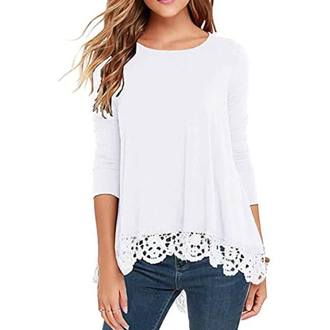 Women's Long Sleeve Lace Trim Blouse Women's Tops White S - DailySale